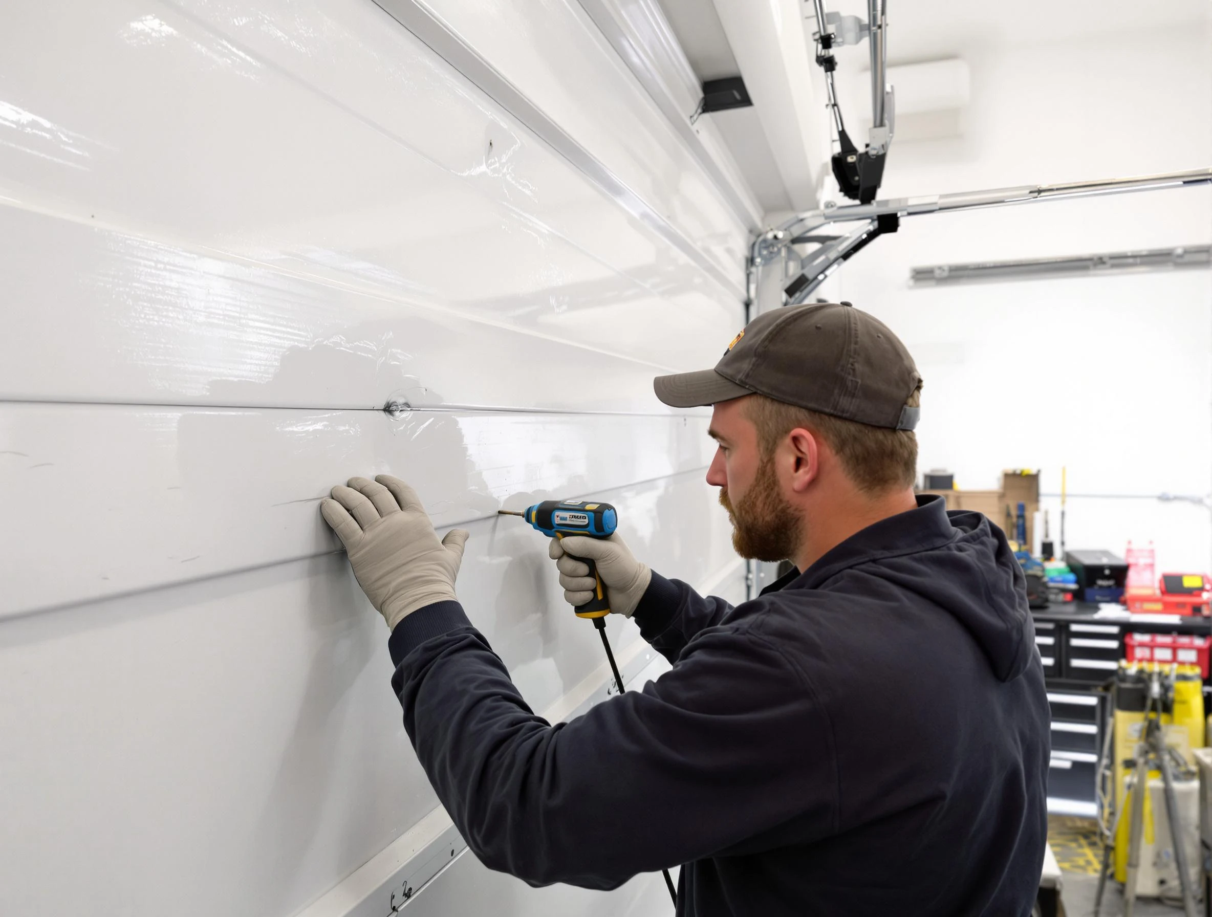 Fair Oaks Garage Door Repair technician demonstrating precision dent removal techniques on a Fair Oaks garage door